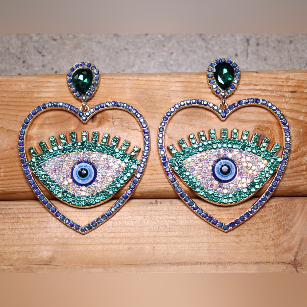45J. Green Evil Eye Heart Hoop Rhinestone Earrings